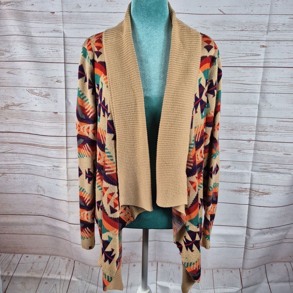 Blu Pepper Aztec Southwest Cardigan Sweater Size L Open Draped Front Waterfall